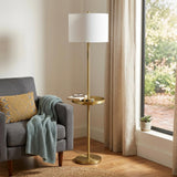 62" Brass Tray Table Floor Lamp With White Square Shade