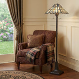 62" Bronze Two Light Traditional Shaped Floor Lamp With Gray and Ivory Abstract Tiffany Glass Empire Shade