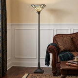 72" Bronze Torchiere Floor Lamp With Gray and Ivory Abstract Tiffany Glass Novelty Shade