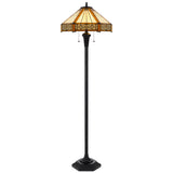60" Bronze Two Light Traditional Shaped Floor Lamp With Orange and Ivory Abstract Tiffany Glass Empire Shade