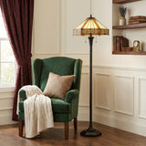 60" Bronze Two Light Traditional Shaped Floor Lamp With Orange and Ivory Abstract Tiffany Glass Empire Shade