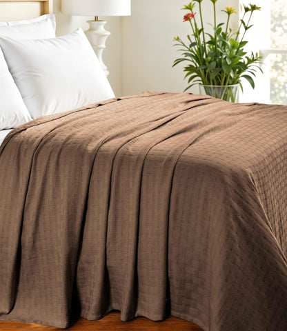 California King Taupe Cotton Basketweave Geometric Blanket