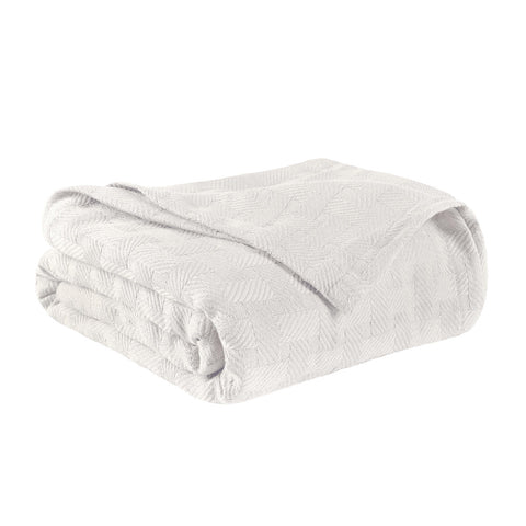 Queen White Cotton Basketweave Geometric Blanket