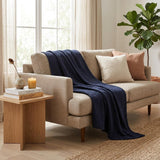 King Navy Blue Cotton Basketweave Geometric Blanket