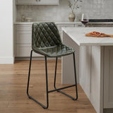 27" Green And Black Leather And Genuine Leather And Iron Counter Height Bar Chair