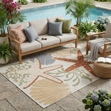 5' X 7' Ivory Orange and Blue Indoor Outdoor Area Rug