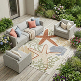 6' X 9' Ivory Orange And Blue Indoor Outdoor Area Rug