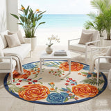8' Ivory Orange and Blue Round Floral Indoor Outdoor Area Rug