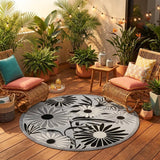 8' Black and White Round Floral Indoor Outdoor Area Rug