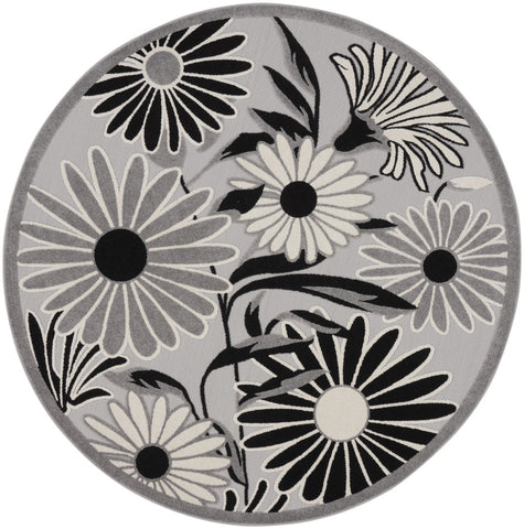 8' Black and White Round Floral Indoor Outdoor Area Rug