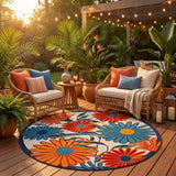 8' Ivory Orange and Blue Round Floral Indoor Outdoor Area Rug