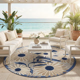 8' Blue and Gray Round Floral Indoor Outdoor Area Rug
