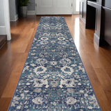 10' Blue And Ivory Floral Distressed Runner Rug