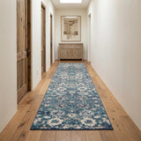 10' Blue And Ivory Floral Distressed Runner Rug