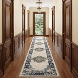 10' Blue And Ivory Oriental Distressed Runner Rug