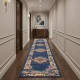 10' Blue and Ivory Oriental Power Loom Distressed Runner Rug