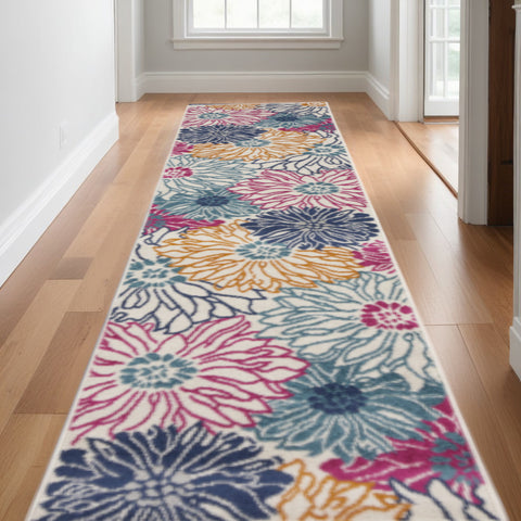 10' Ivory And Blue Floral Runner Rug