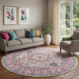 8' Gray Round Floral Power Loom Area Rug