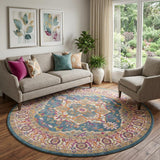 8' Gray Round Floral Power Loom Area Rug