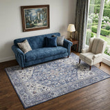 5' X 7' Gray Ivory and Blue Floral Power Loom Distressed Washable Area Rug