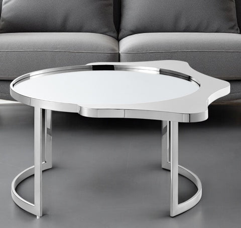 32" Silver Glass And Stainless Steel Round Mirrored Coffee Table