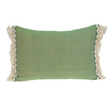 14" X 20" Beige and Green Cotton Lumbar Throw Pillow with Embroidery and Fringe