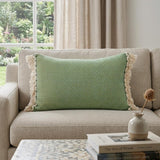 14" X 20" Green And Beige Cotton Lumbar Throw Pillow with Embroidery and Fringe