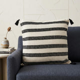 24" Beige and Black Striped Cotton Throw Pillow With Tassels