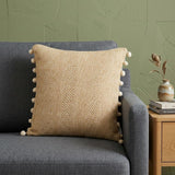 18" Beige and White Weave Cotton Throw Pillow With Pom Poms