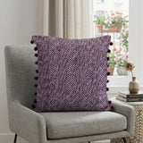 18" Purple and White Weave Cotton Throw Pillow With Pom Poms