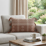 14" X 20" Beige and Brown Southwestern Cotton Throw Pillow With Tassels