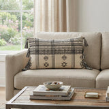 14" X 20" Beige and Black Southwestern Cotton Throw Pillow With Tassels
