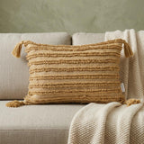 14" X 20" Beige Striped Cotton Throw Pillow With Tassels