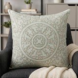 22" Beige and Green Damask Linen Blend Throw Pillow with Embroidery and Applique
