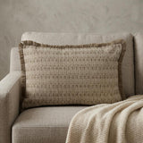 14" X 20" Green and White Cotton Lumbar Throw Pillow with Fringe