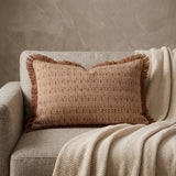 14" X 20" Brown and White Cotton Lumbar Throw Pillow with Fringe