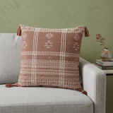 18" Beige and Brown Cotton Throw Pillow with Tassels