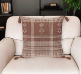 18" Beige and Brown Cotton Throw Pillow with Tassels