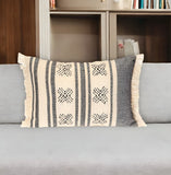 14" X 20" Beige and Black Southwestern Cotton Throw Pillow With Fringe