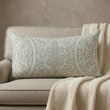 14" X 24" Beige and Green Linen Lumbar Throw Pillow with Embroidery