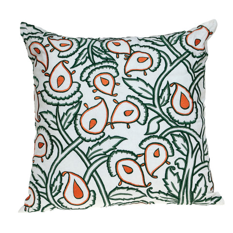 22" Green and White Cotton Throw Pillow with Embroidery