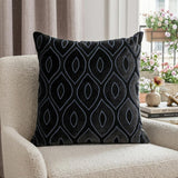 22" Black and Blue Ogee Cotton Throw Pillow with Embroidery and Applique