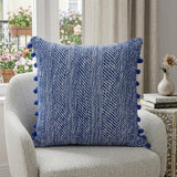 18" Blue and White Weave Cotton Throw Pillow With Pom Poms