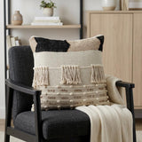 18" Beige and Gold Striped Cotton Blend Throw Pillow With Fringe