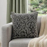 18" Gray and Silver Damask Velvet Throw Pillow With Beads