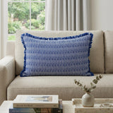 14" X 20" Blue and White Striped Cotton Throw Pillow With Fringe
