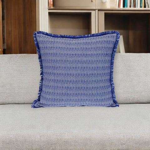 24" Blue and White Striped Cotton Throw Pillow With Fringe