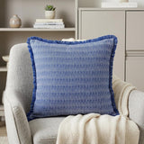 24" Blue and White Striped Cotton Throw Pillow With Fringe