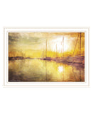 Yellow Sunset Boats In Marina White Framed Print Wall Art