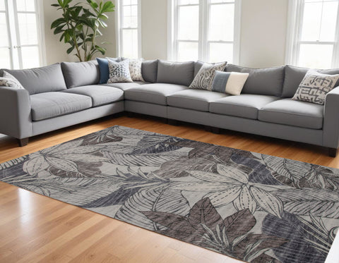 7' X 10' Gray and Brown Floral Distressed Area Rug